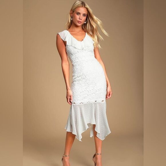 Lulus | Dagny White Lace Swiss Dot Ruffled Midi Dress | S NWT - Picture 1 of 7